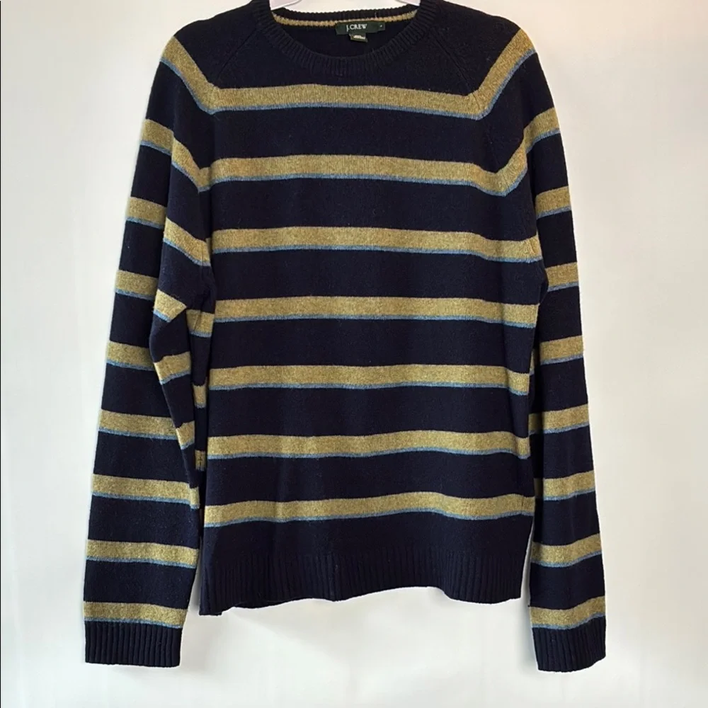 J. Crew Men's Wool Pullover Sweater in Navy Blue and Green Stripes